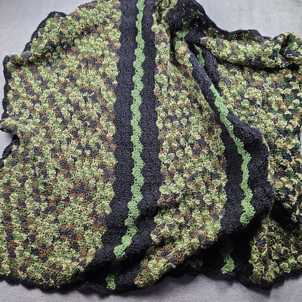 Hand Knit Crochet Afghan Blanket Throw Camouflage Green Army Military 43" x 52"